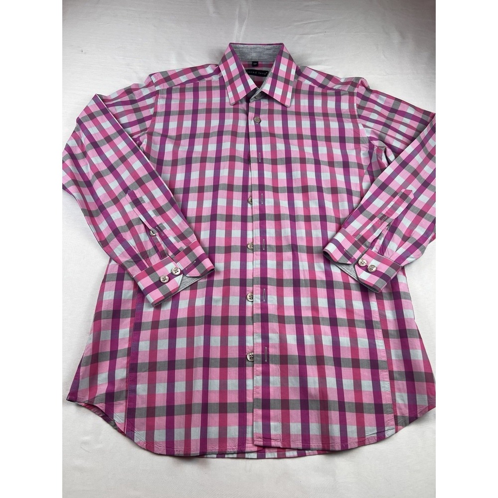 Jared Lang Dress Shirt Pink Plaid Check Casual Long Sleeve Preppy Flip Cuff Sz S
